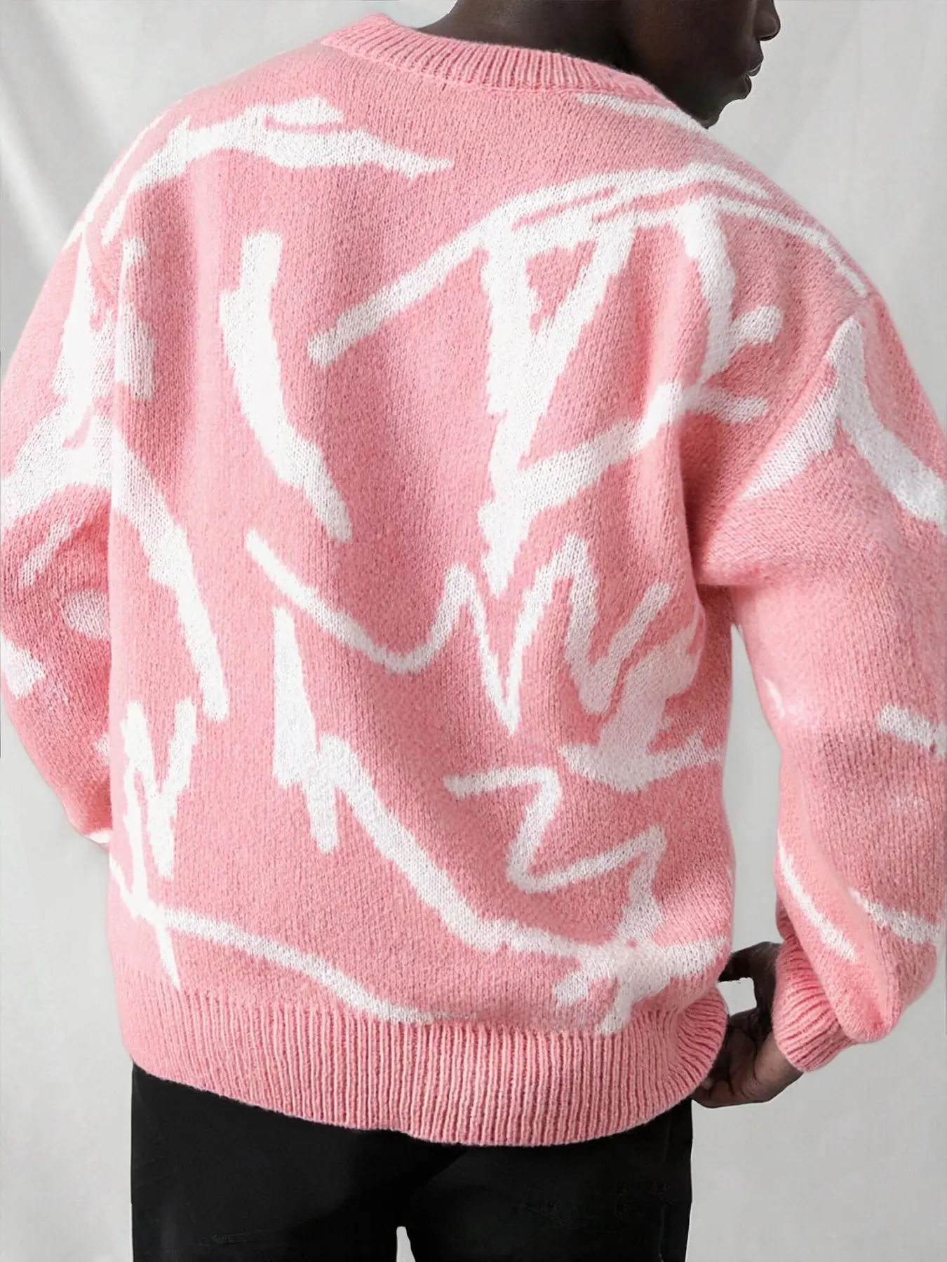 Men's Casual Loose Graffiti Jacquard Pullover Sweater, Long Sleeve Spring & Fall Knitwear, Round Neck Colorblock Design, Warm Home & Outdoor Wear Stripe Tops, Striped Jacquard Knit