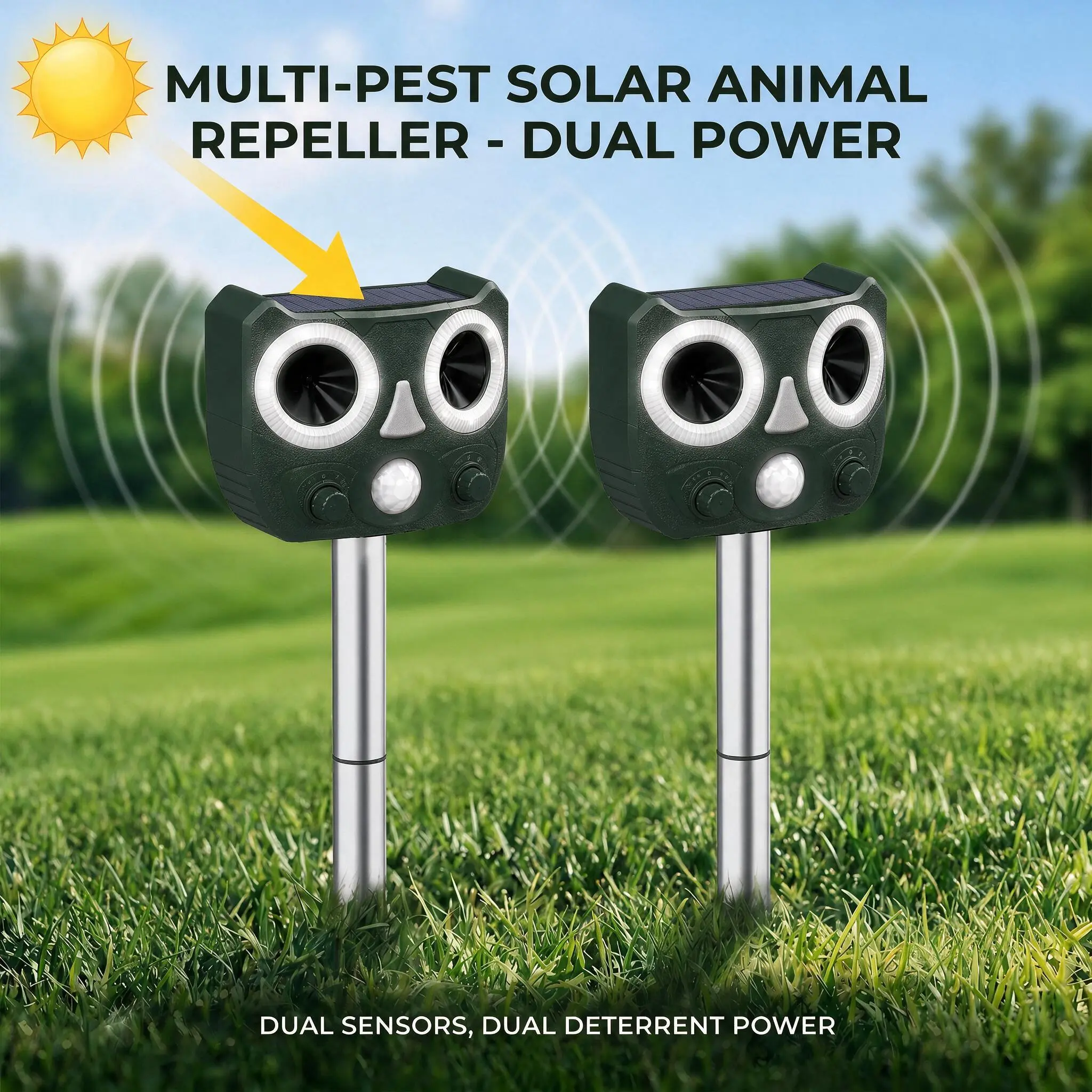 2026 Upgraded Ultrasonic Animal Deterrent - Waterproof Solar-Powered Outdoor Repellent with Motion Sensor for Outdoor Spaces, Cats & Squirrels