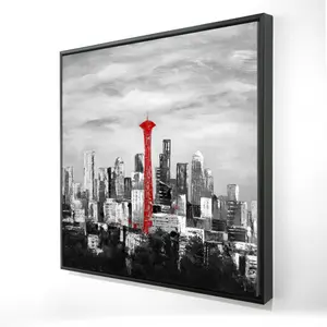 212 MAIN Red Space Needle Bold Hue Emerald Urban Modern Framed Photo Wall Art, 24x24 in Industrial White Frame, Modern Home Decor for Living Spaces