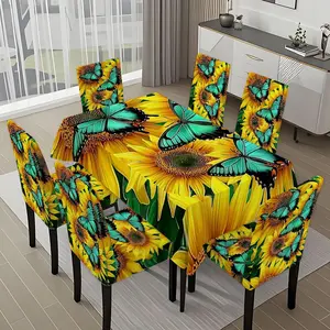 5/7-piece 2D Flat Printing Spring Yellow Blue Sunflower Butterflies Printing Pattern Tablecloth and Chair Cover Set, Dining Chair Covers, for dining table and chair decoration, perfect for home, holiday gatherings, restaurants, and parties