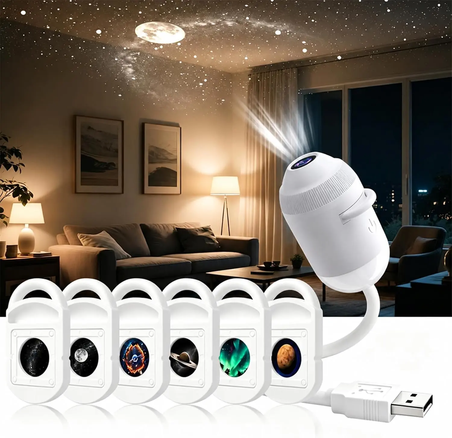 2-in-1 Galaxy Night Light Projector for Kids and Adults, 6 Film 360 Degree Rotating Starry Sky Lamp, Portable Ceiling Mood Light, Unique Birthday Gift Idea for Boys and Girls, White