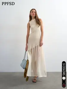French Style Knit Dress for Women, 2026 Summer New Mesh Patchwork Sleeveless Fairy Dress, Asymmetric Slim Fit Sexy Transparent Long Dress