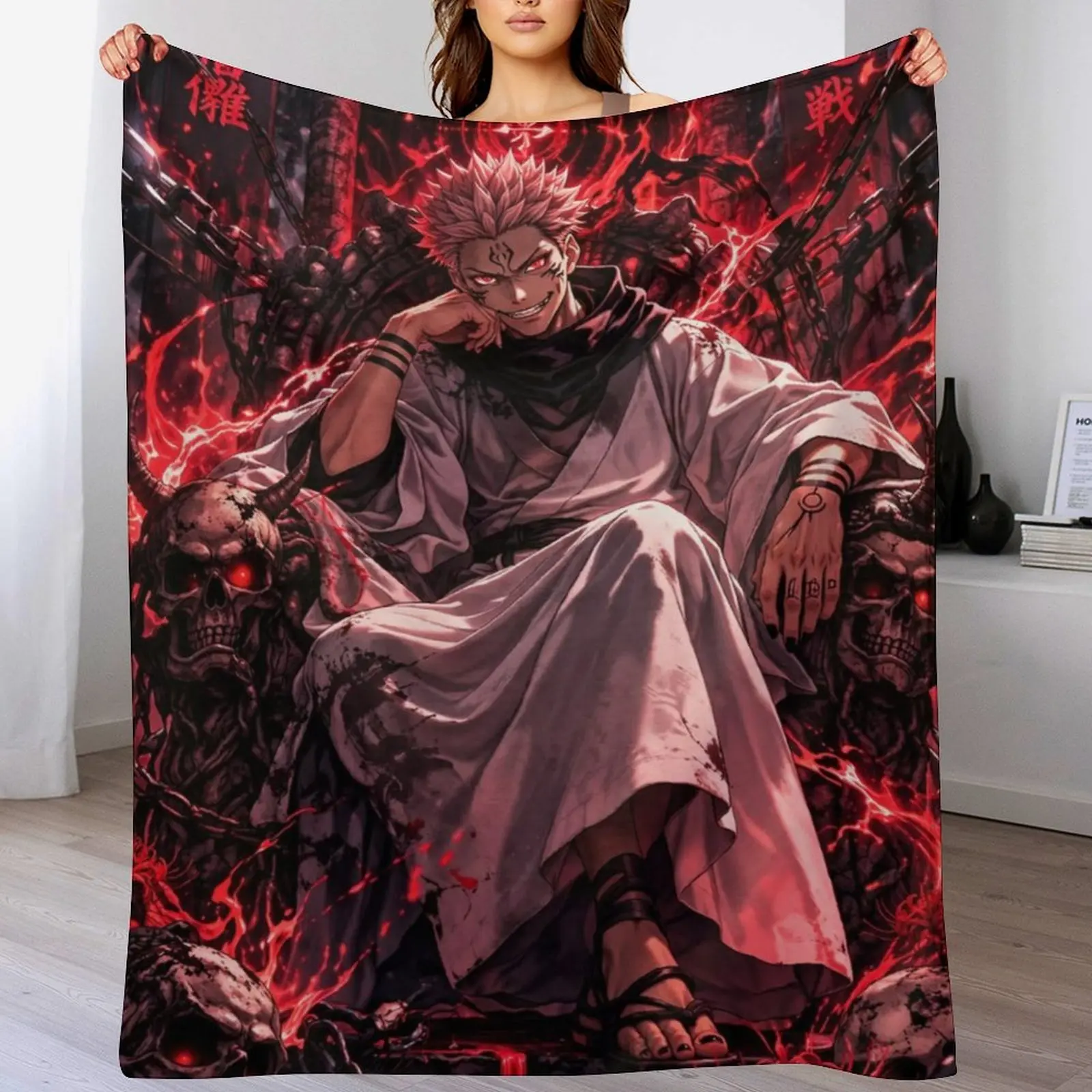 Jujutsu Kaisen Sukuna King of Curses Flannel Throw Blanket, Anime Demon Throne Print Fleece Blanket, Cozy Warm Blanket for Fans Bedroom Couch