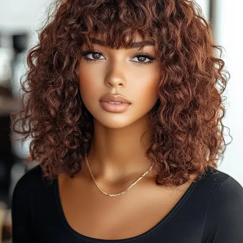 Brazilian Human Hair Bob Wig, Real Hair Wig, Medium Length Wig, Kinky Curly Texture, 180% Density Wig with Pre-Styled Bangs, Human Hair Wigs