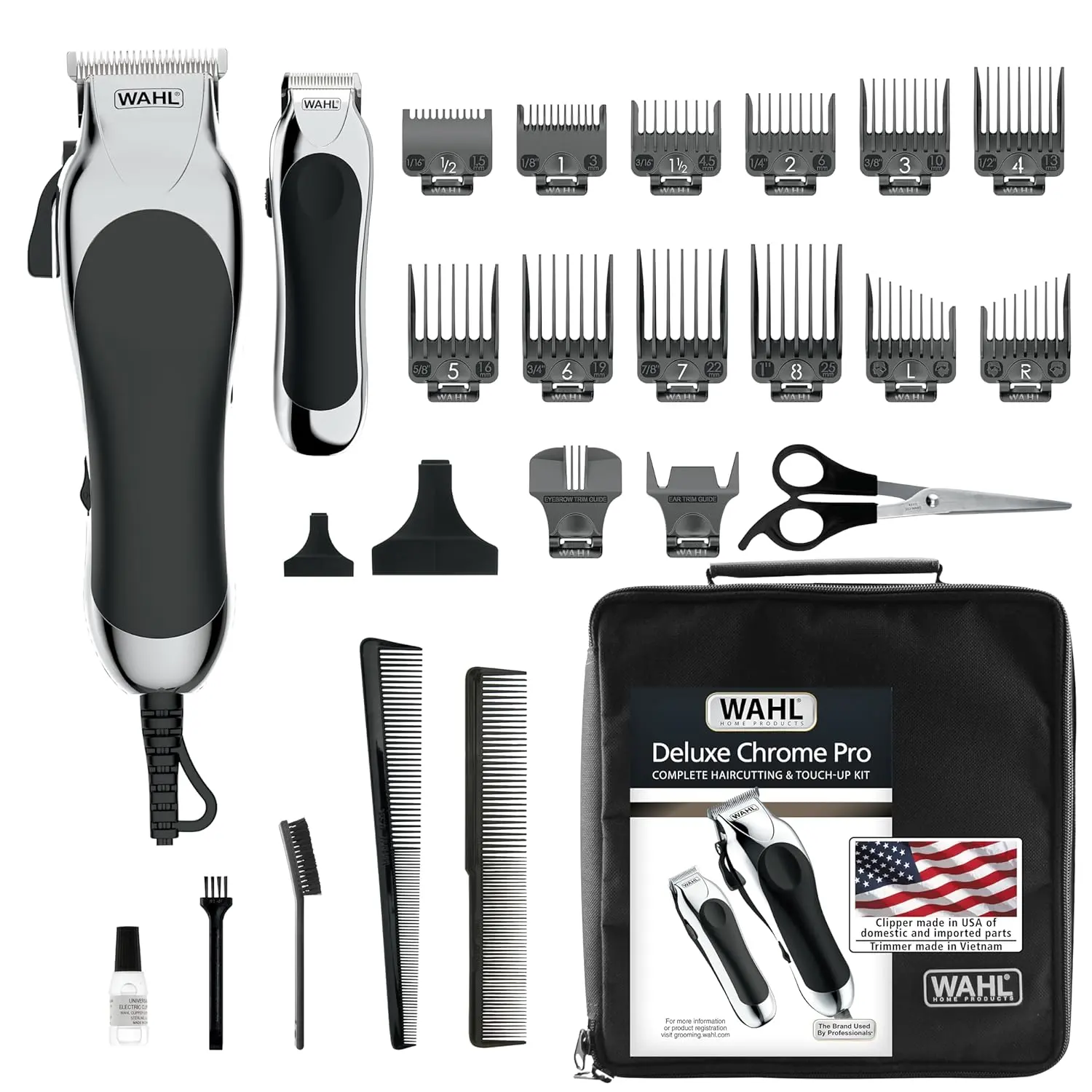Wahl Clipper USA Deluxe Corded Chrome Pro Complete Hair & Trimming Kit | Complete Home Haircutting Kit Includes Corded Hair Clipper, Cordless Battery Beard Trimmer & Styling Shears - Model 3029682