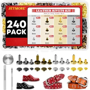 240 Sets Leather Rivets Kit, Double Cap Brass Rivets Leather Studs with 3PCS Setting Tools for Leather Repair and Crafts, 4 Colors and 3 Sizes JETMORE