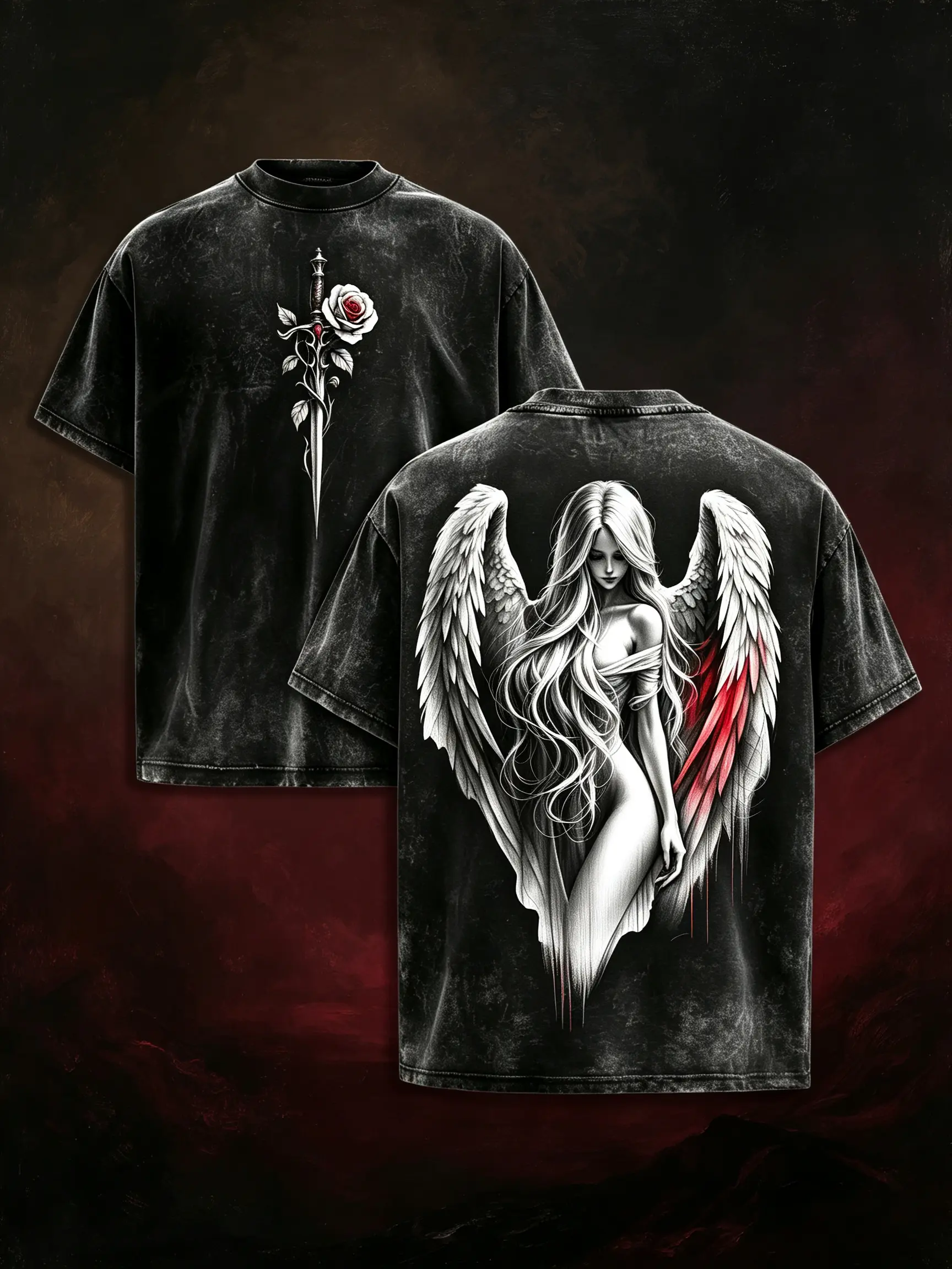 Men's Oversized Round Neck Short-Sleeve Loose T-Shirt - Menswear, Casual Machine Washable Grunge Dark Angel Graphic Top with Gothic Sword & Rose Print, Vintage Washed Black Edgy Streetwear Tee for Father's Day, Aesthetic
