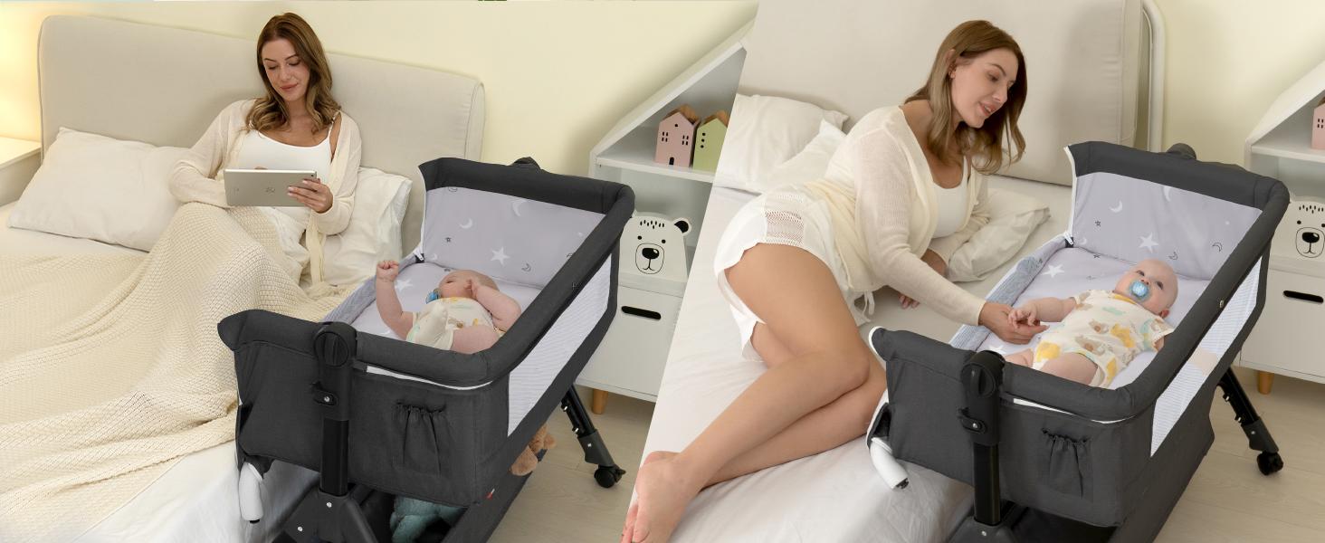 Baby Bassinet, Crib For Infant And Newborn, Bedside Sleeper With Storage Basket And Mosquito Net, Easy To Fold, Height Adjustable, Portable Side Bed Crib Portable