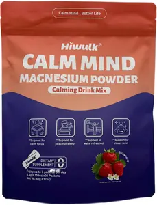 Hiwulk Calming Drink Powder Mix - Strawberry Flavor - With Ashwagandha, Magnesium, L-Theanine, Vitamin D3 - Supports Stress Relief, Better Sleep - 20 Travel Packets Dietary Healthcare Supplement