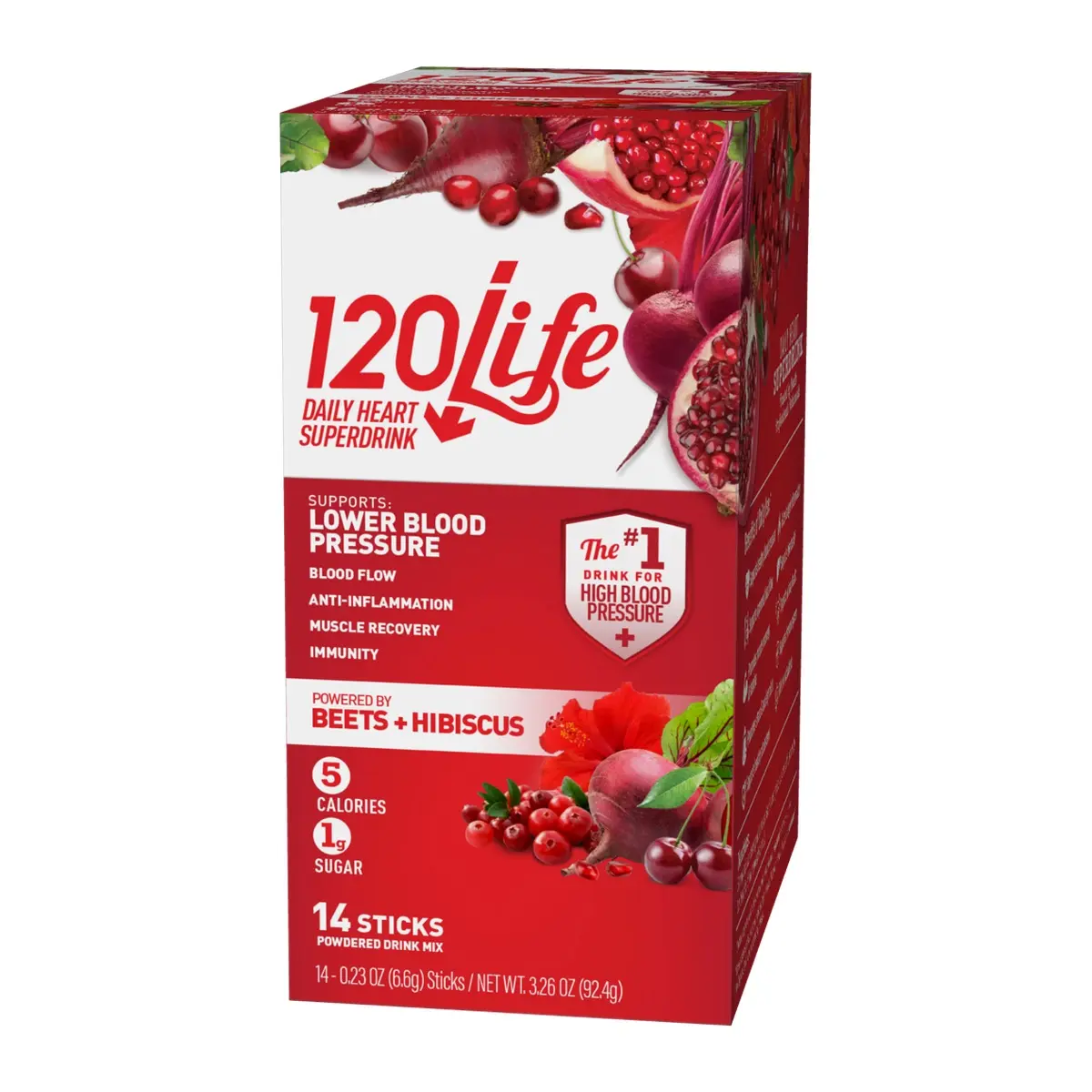 120/Life Blood Pressure Support Drink Mix – 14 Stick Packs with Beetroot, Pomegranate, Cranberry, Tart Cherry & Hibiscus – Sugar-Free, Vegan, Convenient Single-Serve Beverage