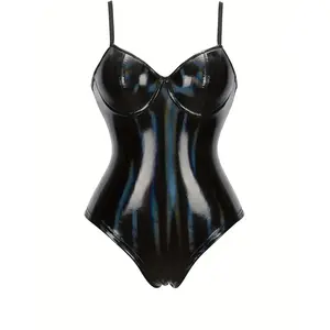 Sleek Black PU Leather Bodysuit with Spaghetti Straps Slimming Waist Tummy Control Built-in Bra for Women Tops Party Shaper Clothes Dance Clothing Shapewear 80% Polyester 20% Polyamide Contrast Faux Fur Solid Comfort Compression