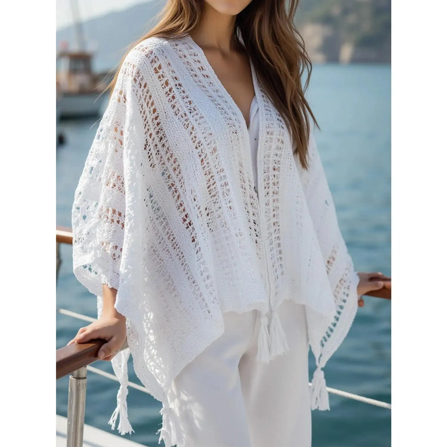 Openwork Tassel Open Front Knit Cover Up
