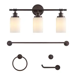 JONATHAN Y Egan 23.25" 3-Light Classic Cottage Vanity Light with Frosted Glass Shades and Bathroom Hardware Accessory Set
