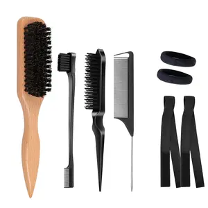 8pcUnisex Nylon Hairbrush Wooden Handle Hair Styling Brush, Smoothing Grooming Brush For Men & Women, Edge Control Hair Brush, Beard Brush, Hairline Finishing Brush, Salon Barber Styling Tool For Daily Use