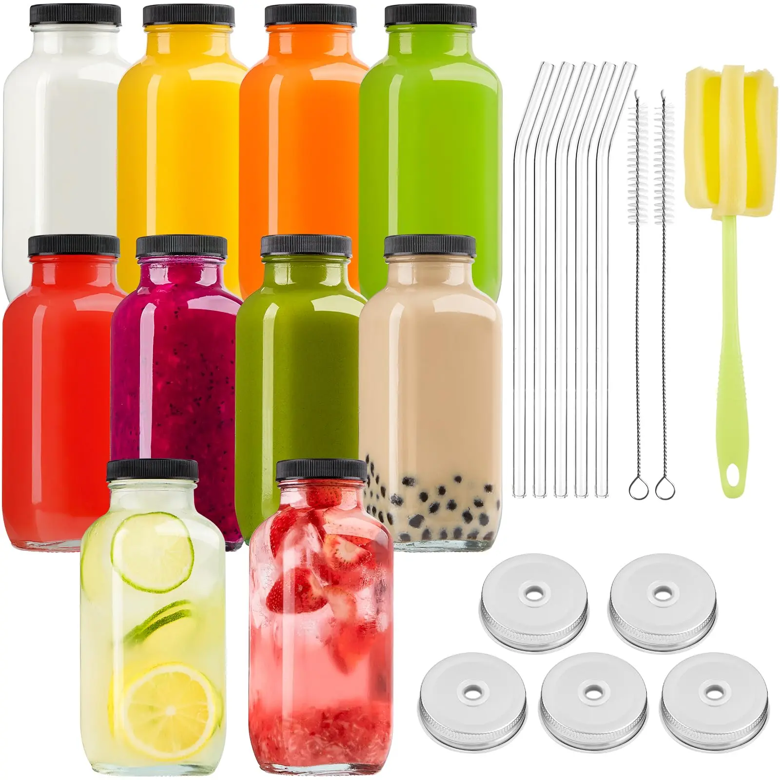 10pcs 16oz Silver Airtight Leak-Proof Food-Grade Glass Juice Bottles Set with Transparent Lids, Straws, Brush, Aluminium Containers, Dishwasher-Safe Home Supplies for Food & Beverage Juicing, Smoothie Storage, Transparent Look