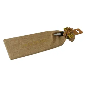Burlap Wine Gift Bag Drawstring with Wine Stopper that Says Celebrate in Gold