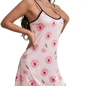 lips & cherry print lounge dress ladies loungewear dress with letttuce trim bottom