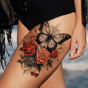 （6 temporary tattoo stickers, including 3 item and 3 random designs）3D Multicolor Rose and Butterfly Designs for Arms, Chest, Abdomen, Back, Legs - Large Size, Party Gift Black fake tattoos