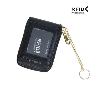 RFID Blocking Genuine Leather Accordion Wallet, Large Capacity Card Holder with 12 Slots and 2 Bill Compartments, Anti-Magnetic Zipper Coin Purse with Detachable Key Ring