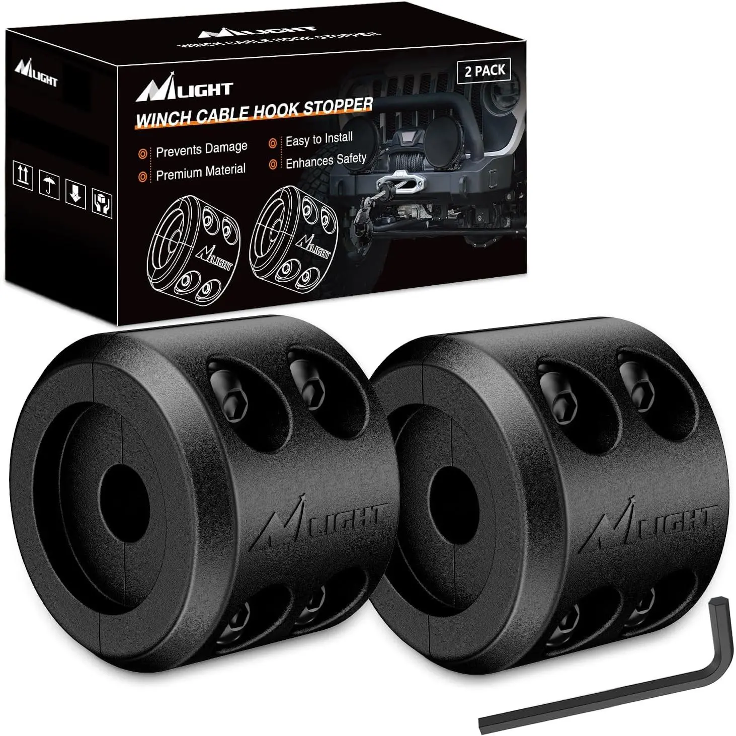 Nilight Winch Stopper for ATV UTV Truck SUV Winch Cable Hook Rubber Stopper 2 Pack Protect Towing Hook Synthetic Rope Winch Accessories Rope Line Saver with Stainless Steel Screws Allen Wrenc, Black