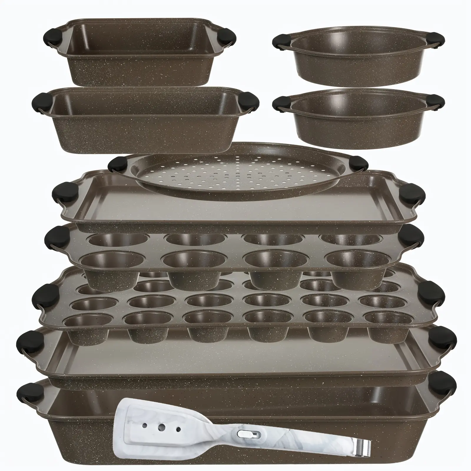 11-Piece Coffee Marble Nonstick Carbon Steel Baking Pan Set - Food-Grade, Heat-Resistant, Oven-Ready Nonstick Baking Set with Cookie Sheets, Dishwasher-Safe, Stackable, Oven-Safe Up to 230°C Kitchen Bakeware Supplies, Food-Grade Baking Sets