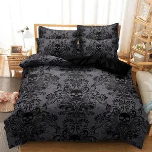 3pcs Soft & Breathable Decorative Duvet Cover Bedding Set - HD Black Floral Skull Pattern, Includes 1 Duvet Cover and 2 Pillowcases (No Insert) - Perfect for All Seasons, Machine Washable, Halloween Present