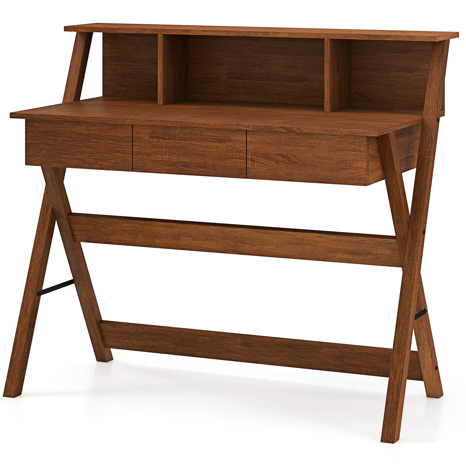 COSTWAY - Mid Century Home Office Desk with 3 Storage Drawers and Monitor Stand-Oak