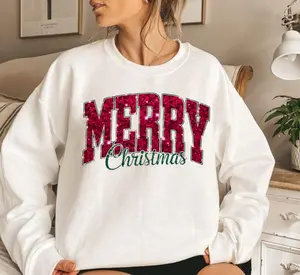 Glitter MERRY Christmas Sweatshirt | Collegiate Holiday Top | White Sparkle Xmas Jumper | Classic Style Family Photos Shirt