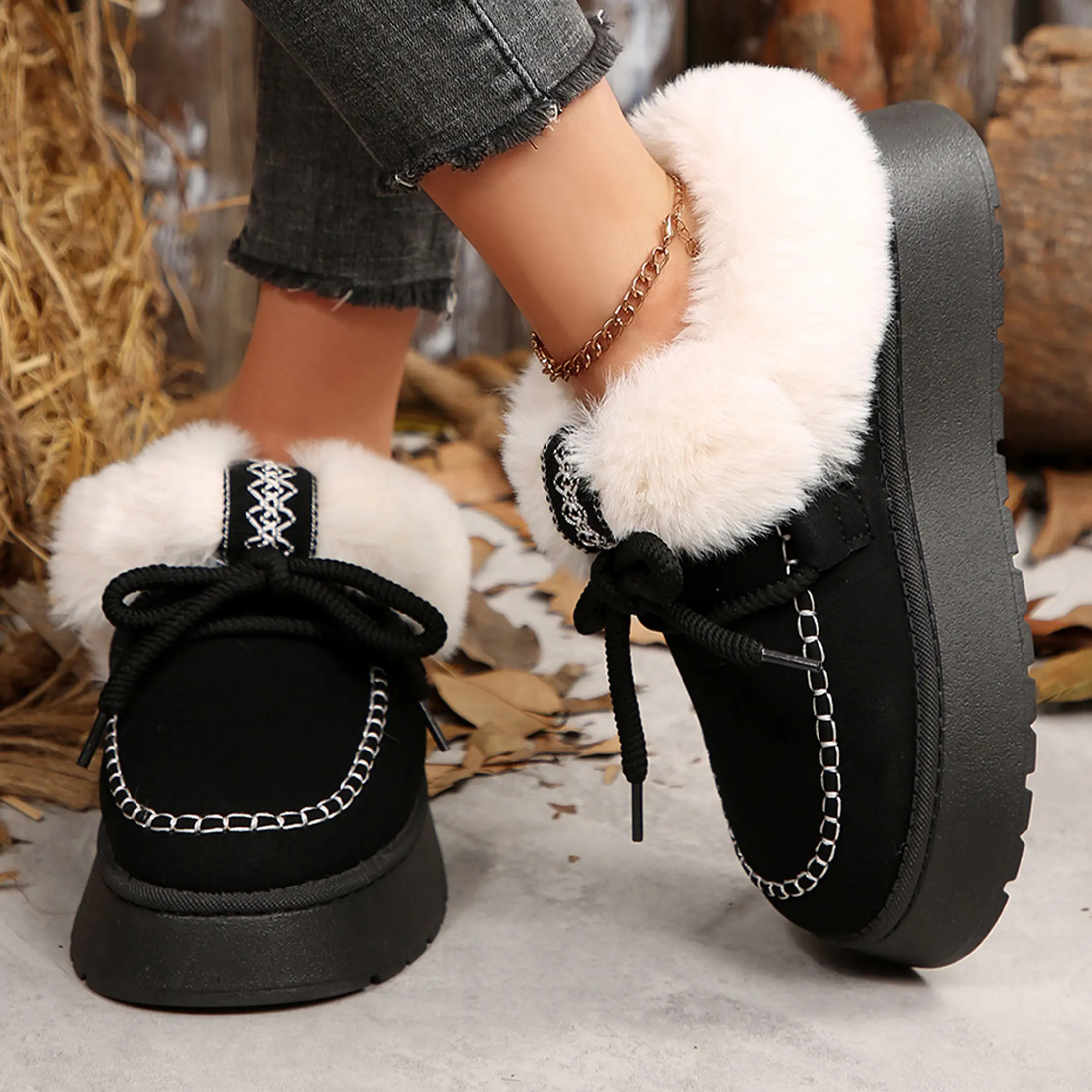 Women's Loafers Indoor/Outdoor Shoes Winter Warm Comfortable Ankle Snow Boots with Fluffy Collar Indoor Outdoor Fleece Slippers