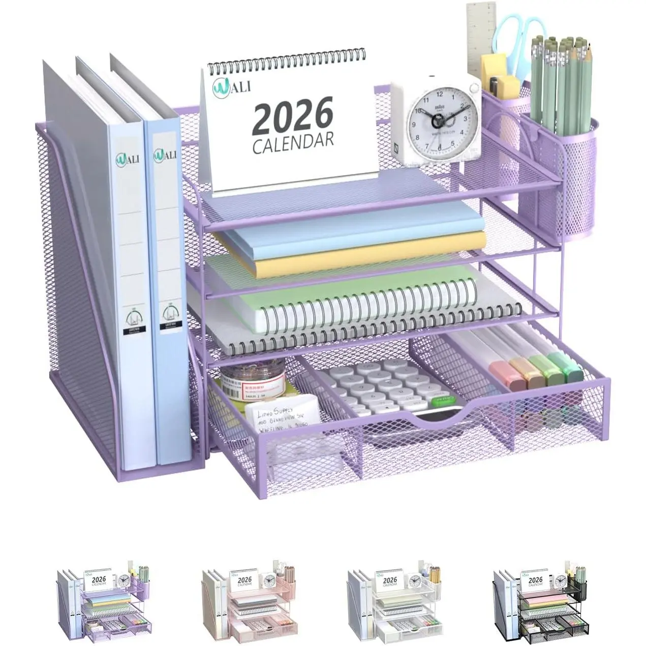 Desk File Organizer, 4 Tier Desktop Paper Letter Tray Organizer with Drawer and 2 Pen Holders, Office Desk Accessories & Workspace Organizers for Office, Home Supplies(DO005DH-V), 1 Pack, Purple
