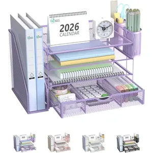 Desk File Organizer, 4 Tier Desktop Paper Letter Tray Organizer with Drawer and 2 Pen Holders, Office Desk Accessories & Workspace Organizers for Office, Home Supplies(DO005DH-V), 1 Pack, Purple