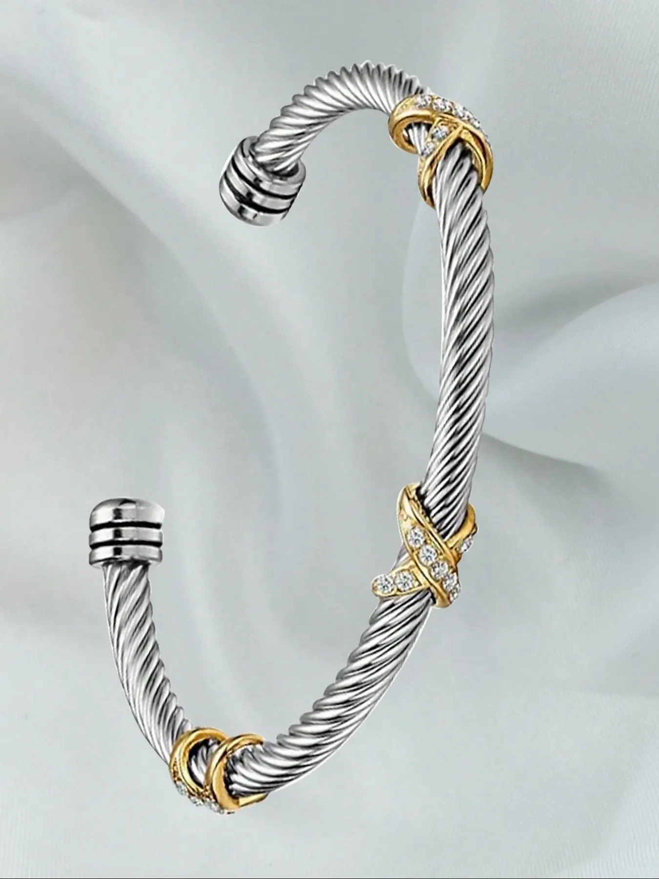 Women's Adjustable Stainless Steel Twisted Cable Bracelet with Zirconia Stones, Casual Cross Color Design, All Season Jewelry Accessory, Fashionable Bracelet