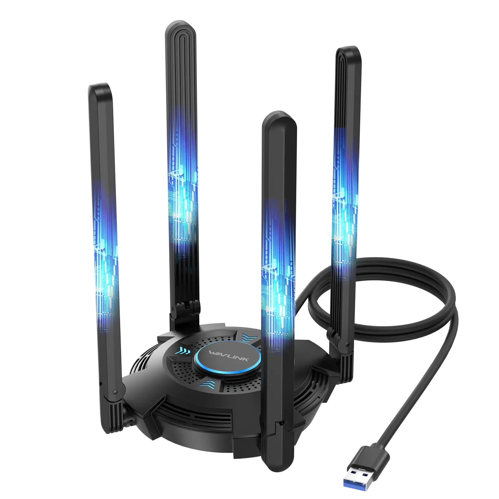 WAVLINK AX5400 Tri-Band USB 3.0 WiFi 6 (802.11ax) Adapter for Windows 11/10 PCs - 6GHz/2402Mbps, 5GHz/2402Mbps, 2.4GHz/573Mbps, 4x5dBi Rotatable Antennas, 1024QAM, OFDMA, WPA3, Built-In Drivers, Ambient Lighting Support, 1M USB 3.0 Cable