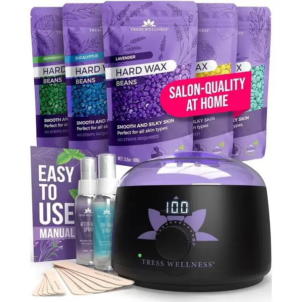 Tress Wellness Award Winning Waxing Kit for Sensitive Skin, Safe for Face & Skin, Easy to Use, At-Home Kit for Face, Bikini, Brazilian & Full Body - Digital Display, Black Purple Flower