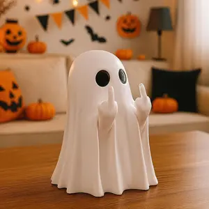 Funny Halloween Ghost Figurine – Spooky Resin Statue, Cute Middle Finger Ghost Decor for Tabletop, Home, Porch, Party & Gift Decoration Smooth