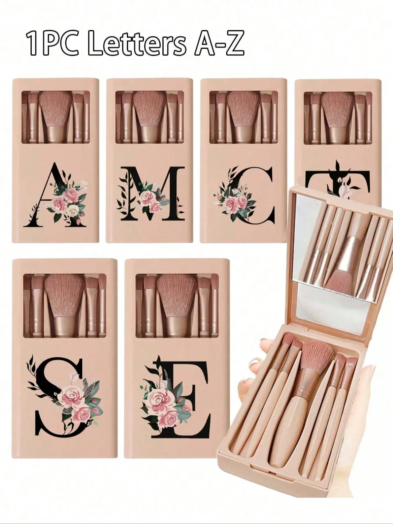 5-Piece Portable Makeup Brush Set with Mirror Case, Floral Pattern and Black A–Z Lettering, Multi-Purpose Brushes for Beginners, Gift-Boxed and Ideal as a Present, Travel Makeup Brushes, Make Up Tools