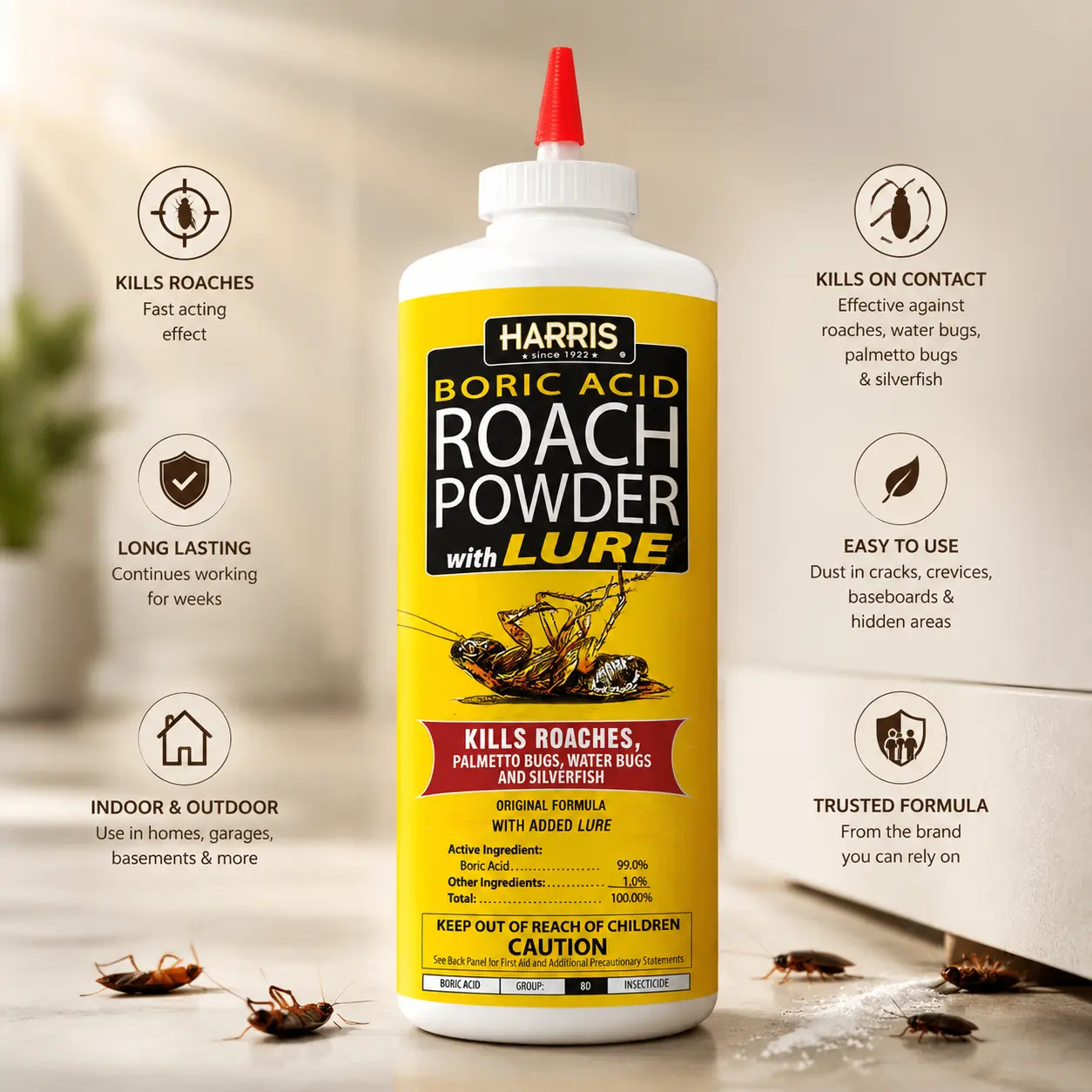 HARRIS Boric Acid Roach & Silverfish Killer Powder with Lure, 16oz Indoor Kitchen Pest Control for German Cockroaches, Long-Lasting Insecticide Bait