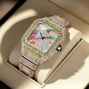 Men's 42mm Rose Gold Iced Out Square Face Watch - Olive Green Diamond Bezel, Colorful Roman Numerals Dial, Hip-Hop Bling Bustdown Design, Waterproof Luxury Fashion Accessory