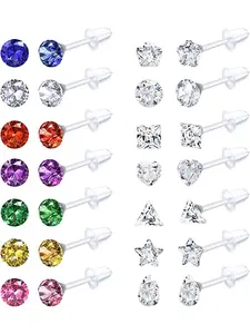14Pairs Clear Plastic Stud Earrings for Women Girls Acrylic Post Star Heart Rhinestone Ear Studs Piercing Retainers