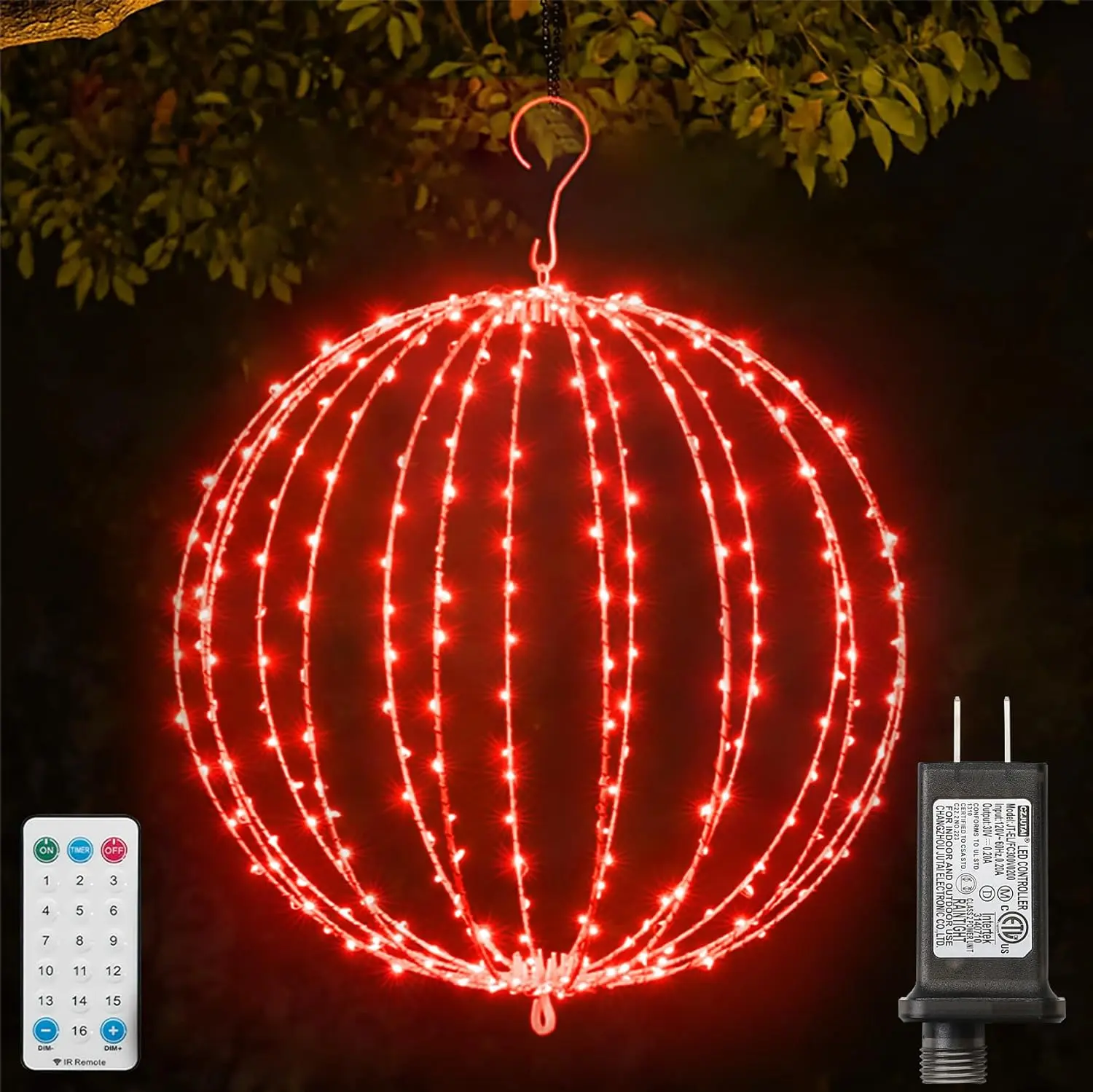 16INCH Outdoor/Indoor LED Christmas Light Ball,Foldable Metal Sphere Lights, Connectable  16 Modes with Timer, Hanging Tree Globe Lights for Holiday Christmas Decorations (Red)