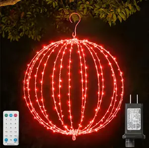 16INCH Outdoor/Indoor LED Christmas Light Ball,Foldable Metal Sphere Lights, Connectable  16 Modes with Timer, Hanging Tree Globe Lights for Holiday Christmas Decorations (Red)