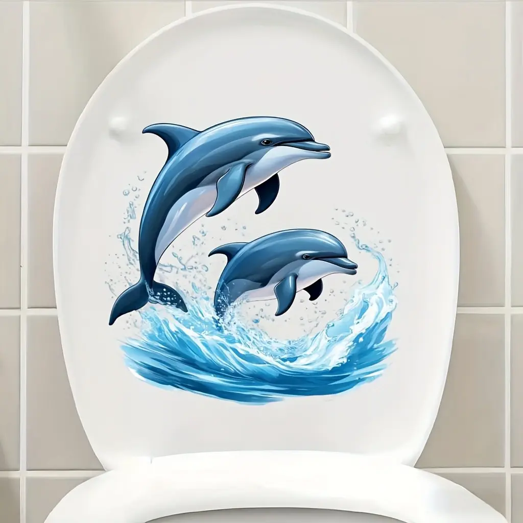 Happy Dolphin Toilet Seat Cover, Ocean Animal Interior Decor for Bathroom and Restroom Walls, Doors, Refrigerators, Windows, Perfect Holiday Gift, Bathroom Accessory, Toilet Accessories Cover, Home Goods