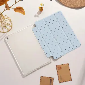 Light Blue Base Navy Polka Dot Classic Three-Fold Stand Protective iPad Case, Transparent Shockproof Bubble with Pen Slot, Fits Various iPad Models