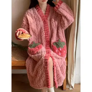 Women's Cozy Coral Fleece Robe with Strawberry Pockets - Casual V-Neck, Long Sleeve, Thick Plush Loungewear for Autumn/Winter, Machine Washable