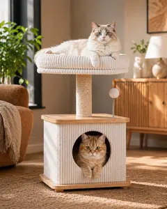 [On Sale] Purrlato Modern Solid Wood Cat Tree for Indoor Cats, Compact Wooden Cat Tower with Cozy Condo, Full-Wrap Scratching Posts, Plush Perch & Interactive Toy, Stylish Cat Furniture for Small Spaces & Apartments summervibes