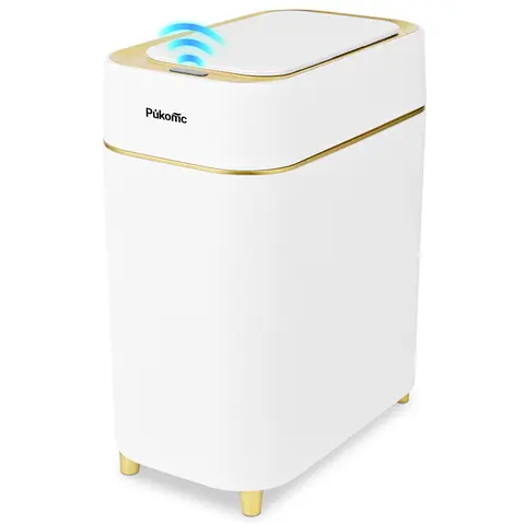 Pukomc Modern ABS Auto Sensor Waste & Recycling Bin - Hands-Free Wave-Knee Induction, Silent Quick Open, Removable Liner, Battery-Powered Bathroom Garbage Can Home Disposal Solution