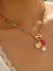 Boho Colorful Beaded Starfish Shell Necklace for Women Summer Beach Pearl Pendant Necklace Vacation Jewelry Gift Dangling Pearl Necklace