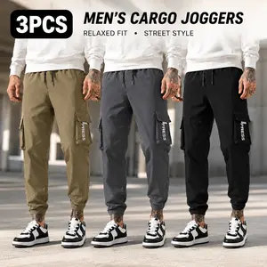 3-Pack Men’s Multi-Pocket Cargo Joggers Elastic Drawstring Waist Casual Long Pants