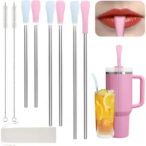 Anti Wrinkle Straw 6 count, Flat Wide Drinking Straw for & Yeti& ,  Wrinkle Free Long Stainless Steel Metal Straw for Lip with Cleaning Brush and Carrying Bag