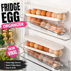 Rolling Egg Holder for Refrigerator, Auto Rolling Egg Organizer, Stackable Double Layer Egg Tray for Fridge Side Door